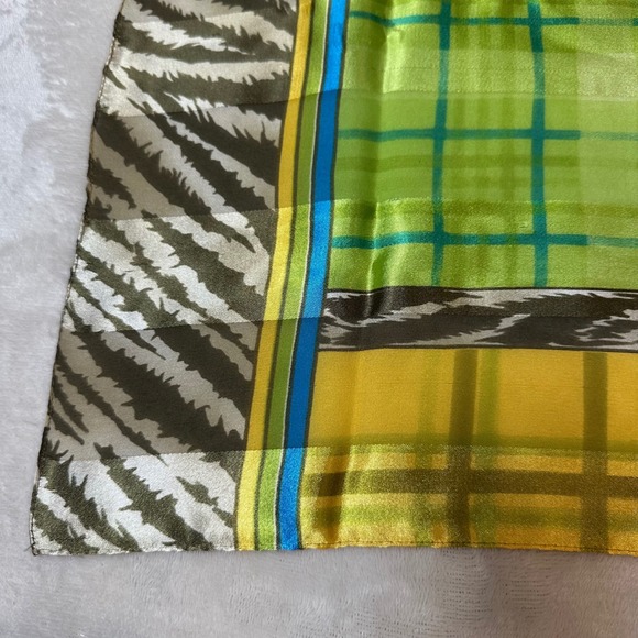 Symphony Vintage Square Scarf Green Yellow Plaid Zebra Print Satin Neckerchief - Picture 2 of 5